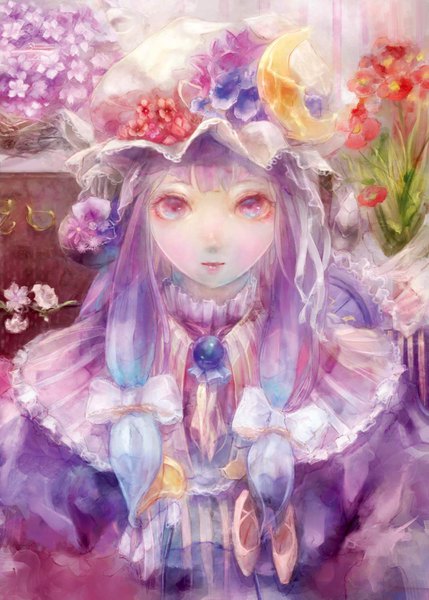 Anime picture 1072x1500 with touhou patchouli knowledge hogecomhoge single long hair tall image looking at viewer fringe purple eyes payot purple hair upper body blunt bangs portrait gradient hair girl flower (flowers) bow hair bow hat