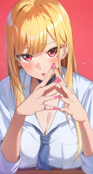 Anime picture 1036x1921 with sono bisque doll wa koi wo suru cloverworks kitagawa marin reulem single long hair tall image looking at viewer blush fringe simple background blonde hair hair between eyes red eyes cleavage upper body nail polish fingernails piercing ear piercing