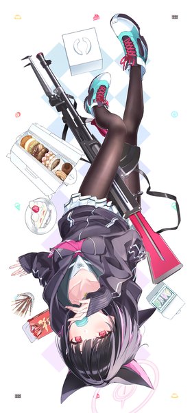 Anime picture 1167x2500 with blue archive kazusa (blue archive) dice gt single tall image looking at viewer fringe short hair black hair hair between eyes red eyes white background animal ears full body from above girl uniform weapon pantyhose serafuku