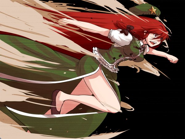 Anime picture 1200x900 with touhou hong meiling hoku single long hair red eyes red hair braid (braids) bare legs legs twin braids chinese clothes side slit girl skirt hat skirt set peaked cap fist