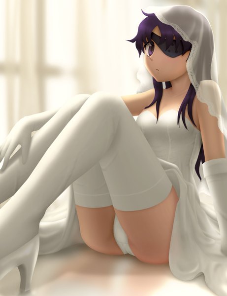 Anime picture 1000x1300 with mirai nikki uryuu minene siraha long hair tall image light erotic purple eyes bare shoulders purple hair pantyshot sitting 3d girl thighhighs dress gloves underwear panties white thighhighs elbow gloves eyepatch