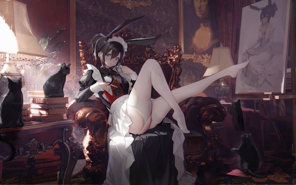 Anime picture 4450x2790 with arknights amiya (arknights) omone hokoma agm single long hair looking at viewer fringe highres blue eyes light erotic black hair sitting holding animal ears absurdres full body bent knee (knees) indoors maid bunny ears