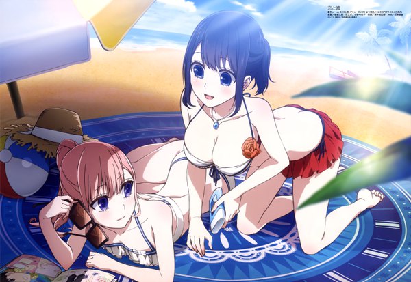 Anime picture 5932x4087 with koi to uso lidenfilms sanada ririna takasaki misaki (koi to uso) harada hiroki long hair blush highres short hair breasts open mouth blue eyes light erotic black hair smile large breasts sitting purple eyes multiple girls pink hair