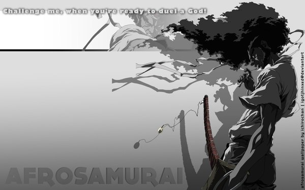 Anime picture 1920x1200 with afro samurai single highres black hair wide image black eyes inscription smoking afro boy ribbon (ribbons) weapon shirt sword bracelet katana