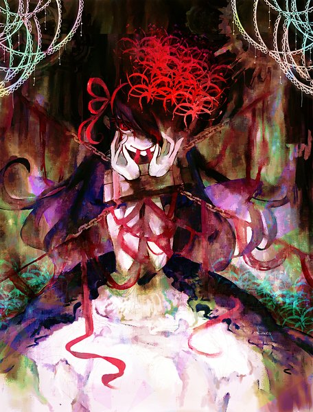 Anime picture 761x1001 with mahou shoujo madoka magica shaft (studio) akemi homura homulilly ast single long hair tall image looking at viewer fringe black hair red eyes holding purple hair multicolored hair hair over one eye two-tone hair mouth hold traditional media ribbon in mouth