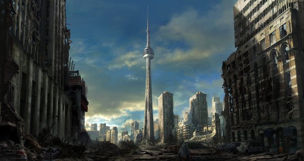 Anime picture 1280x682 with jonas de ro (jenovah-art) wide image sky cloud (clouds) city no people ruins post-apocalyptic building (buildings)