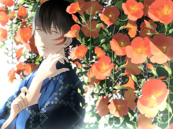 Anime picture 2000x1500 with original hanaen single looking at viewer highres short hair black hair yellow eyes traditional clothes japanese clothes boy flower (flowers) yukata campsis