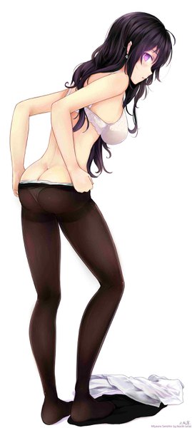Anime picture 1300x2900 with original miyaura sanshio beifeng han single long hair tall image looking at viewer blush fringe breasts open mouth light erotic black hair simple background standing purple eyes bare shoulders signed full body ass