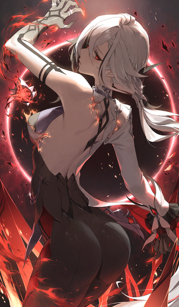 Anime picture 2514x4300 with genshin impact arlecchino (genshin impact) netural single long hair tall image looking at viewer fringe highres breasts light erotic hair between eyes standing ass white hair looking back multicolored hair arm up from behind black eyes
