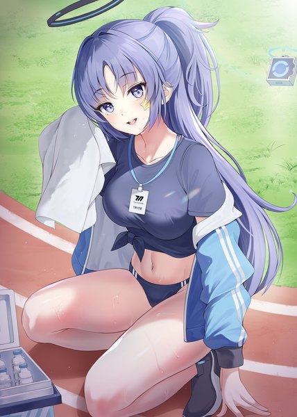 Anime picture 2551x3579 with blue archive yuuka (blue archive) yuuka (gym uniform) (blue archive) bnari single long hair tall image looking at viewer blush fringe highres open mouth light erotic purple eyes purple hair outdoors ponytail :d open jacket sweat