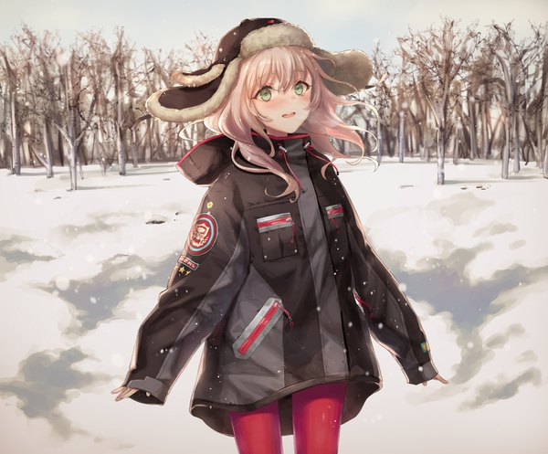 Anime picture 1280x1061 with original yutsumoe single long hair looking at viewer blush fringe open mouth smile hair between eyes standing green eyes pink hair sky outdoors wind fur trim sleeves past wrists snowing spread arms