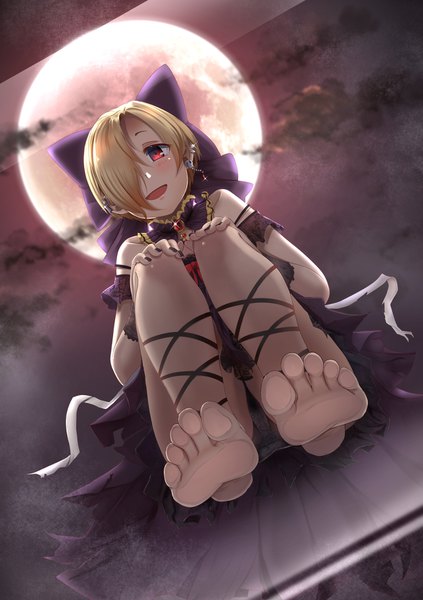 Anime picture 1285x1822 with idolmaster idolmaster cinderella girls shirasaka koume casino (casinoep) single tall image blush fringe short hair open mouth light erotic blonde hair red eyes full body barefoot hair over one eye night dutch angle pantyshot legs