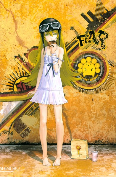 Anime picture 2735x4189 with bakemonogatari shaft (studio) monogatari (series) mister donut oshino shinobu redjuice single long hair tall image highres blonde hair standing yellow eyes inscription strap slip eating girl dress glasses food