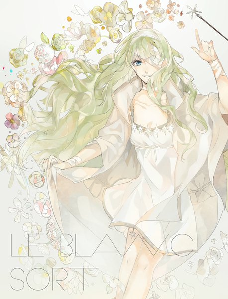 Anime-Bild 1094x1433 mit unlight evelyn (unlight) emera single long hair tall image looking at viewer blue eyes green hair inscription bandage over one eye girl dress flower (flowers) white dress headband cloak bandage (bandages)