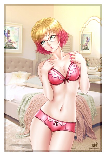 Anime picture 1700x2500 with original thenightwishmaster single tall image looking at viewer short hair breasts light erotic blonde hair green eyes pink hair nail polish multicolored hair fingernails lips two-tone hair underwear only lipstick border pink lipstick