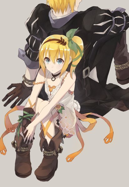 Anime picture 550x800 with tales of (series) tales of zestiria tales of berseria edna (tales) eizen (tales) kusaka kou tall image fringe short hair blue eyes blonde hair simple background hair between eyes sitting bare shoulders from above grey background arm support side ponytail back to back
