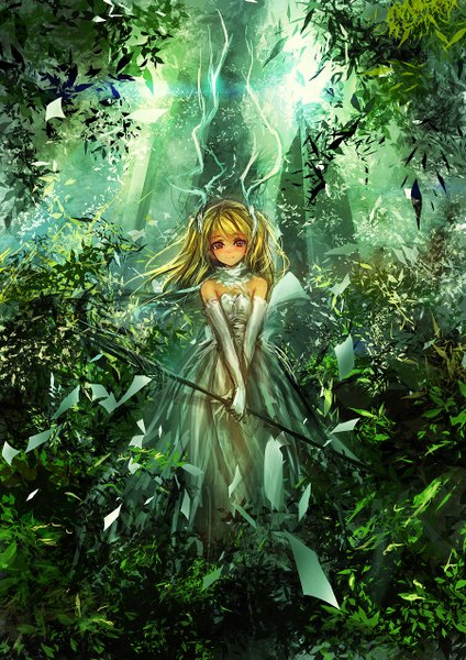 Anime picture 900x1273 with original lm7 (op-center) single long hair tall image blush blonde hair smile red eyes twintails light nature girl dress gloves hair ornament weapon plant (plants) tree (trees) elbow gloves