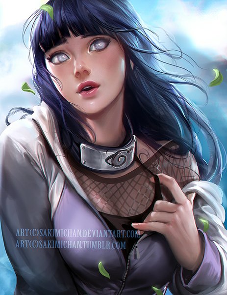 Anime picture 618x800 with naruto studio pierrot naruto (series) hyuuga hinata sakimichan single long hair tall image looking at viewer open mouth purple eyes blue hair wind lips realistic watermark girl leaf (leaves) bandana forehead protector