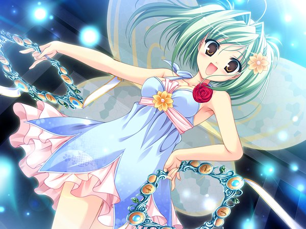 Anime picture 1200x900 with prismrhythm (game) berlioz ria single looking at viewer blush short hair open mouth yellow eyes game cg green hair girl dress hair ornament wings insect butterfly