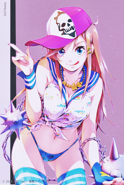 Anime picture 720x1074 with miniskirt pirates katou marika hanaji single long hair tall image looking at viewer breasts open mouth blue eyes light erotic simple background brown hair white background pink hair cleavage light smile alternate costume :p skull print