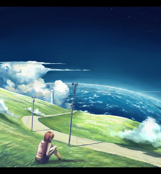 Anime picture 1200x1300 with one piece toei animation nami (one piece) megatruh single tall image short hair brown hair sitting sky cloud (clouds) back letterboxed reading girl plant (plants) book (books) star (stars) grass road