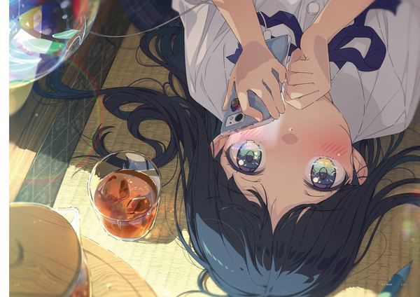 Anime picture 2720x1920 with original ogipote single long hair looking at viewer highres blue eyes black hair lying on back covered mouth upside down girl shirt white shirt mobile phone smartphone glass tatami