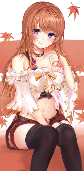 Anime picture 1051x2131 with granblue fantasy lecia (granblue fantasy) efuri (riarea00) single long hair tall image looking at viewer blush fringe simple background smile hair between eyes sitting purple eyes bare shoulders holding payot head tilt arm up orange hair