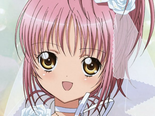 Anime picture 1600x1200 with shugo chara! hinamori amu single looking at viewer blush short hair open mouth simple background smile yellow eyes pink hair side ponytail portrait close-up face girl hair ornament choker wedding veil bride