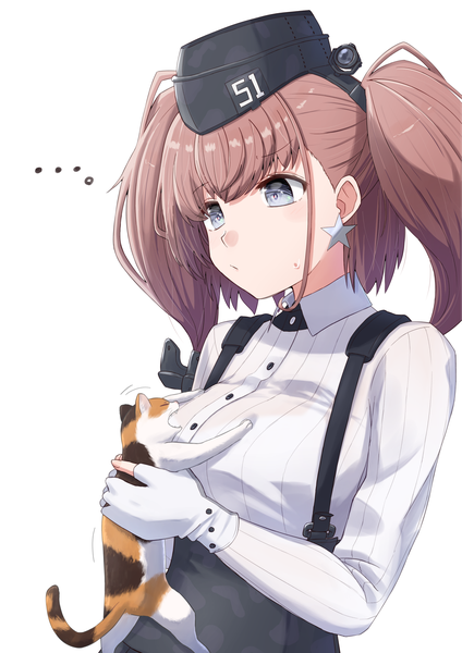 Anime picture 1860x2631 with kantai collection atlanta (kantai collection) houraijin single long hair tall image highres breasts simple background brown hair large breasts white background twintails looking away upper body grey eyes sweatdrop girl gloves animal