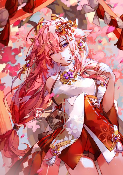 Anime-Bild 1060x1500 mit genshin impact yae miko yeurei single long hair tall image looking at viewer fringe hair between eyes purple eyes signed animal ears pink hair traditional clothes japanese clothes one eye closed fox ears cherry blossoms low ponytail nontraditional miko