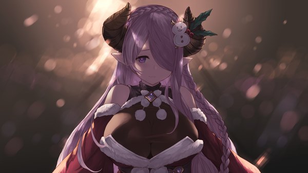 Anime picture 1920x1080 with granblue fantasy narmaya (granblue fantasy) cait single long hair looking at viewer fringe highres breasts light erotic simple background smile wide image large breasts purple eyes bare shoulders purple hair upper body braid (braids) horn (horns)