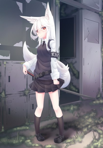 Anime picture 1474x2106 with original kzy090 single long hair tall image looking at viewer red eyes standing animal ears full body white hair tail long sleeves animal tail pleated skirt fox ears fox tail fox girl sheathed hair over eyes