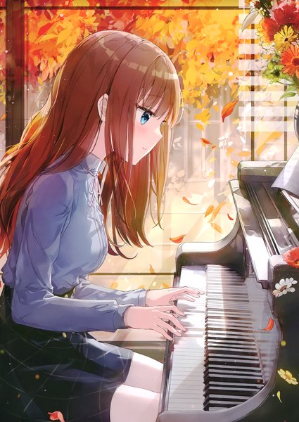 Anime picture 2425x3426 with original fuumi (radial engine) single long hair tall image blush fringe highres blue eyes smile brown hair sitting payot looking away long sleeves profile scan autumn playing instrument girl