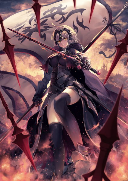 Anime picture 637x900 with fate (series) fate/grand order jeanne d'arc (fate) (all) jeanne d'arc alter (fate) ouka (ra-raradan) single tall image looking at viewer short hair light erotic yellow eyes silver hair ahoge from below girl thighhighs gloves hair ornament weapon black thighhighs