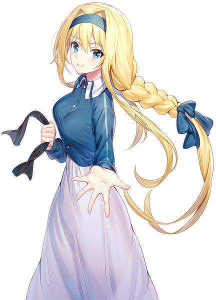 Anime picture 864x1200 with sword art online sword art online: alicization a-1 pictures alice zuberg ririko (zhuoyandesailaer) single long hair tall image looking at viewer blush fringe breasts blue eyes simple background blonde hair smile hair between eyes standing white background holding