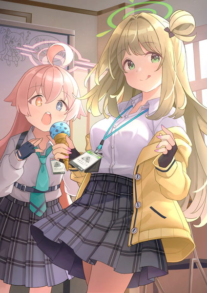 Anime picture 1477x2090 with blue archive hoshino (blue archive) nonomi (blue archive) nomio long hair tall image looking at viewer open mouth blonde hair multiple girls green eyes pink hair ahoge indoors open jacket hair bun (hair buns) heterochromia symbol-shaped pupils + + girl