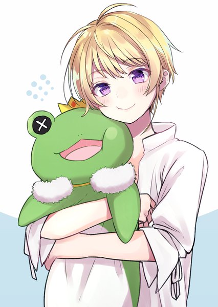 Anime picture 1447x2039 with idolmaster idolmaster side-m pierre (idolmaster) kaerre akariko (akaringo) single tall image blush short hair blonde hair smile purple eyes upper body head tilt boy toy stuffed animal stuffed toy