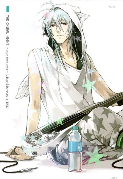 Anime picture 3216x4668 with nitro+chiral naitou-kun single long hair tall image looking at viewer highres simple background smile red eyes white background sitting absurdres silver hair light smile grey hair aqua hair sleeveless angel wings head wings