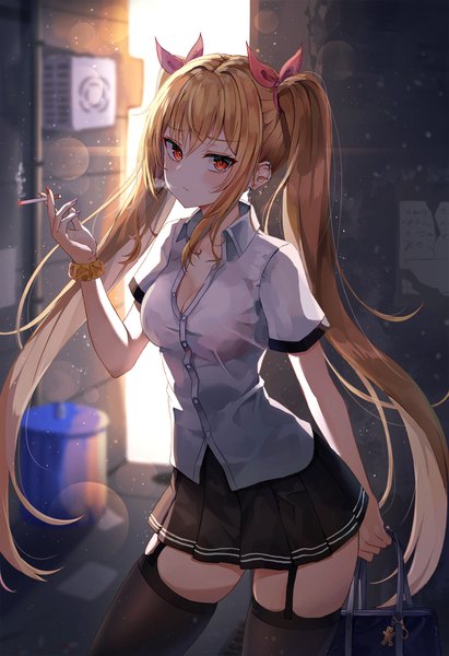 Anime picture 1000x1459 with original lkeris single long hair tall image looking at viewer blush breasts light erotic blonde hair red eyes large breasts standing holding payot cleavage pleated skirt sunlight blurry short sleeves