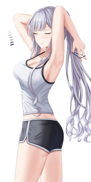 Anime-Bild 1600x3200 mit girls frontline ak-12 (girls frontline) daisy cutter single long hair tall image blush fringe breasts light erotic simple background standing white background bare shoulders cleavage silver hair ass ponytail blunt bangs eyes closed