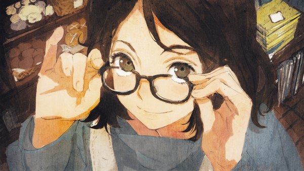 Anime picture 1280x720 with no.6 studio bones karan (no.6) humi (artist) single looking at viewer short hair smile brown hair wide image brown eyes fingernails light smile dark background looking up girl glasses apron shelf bookshelf