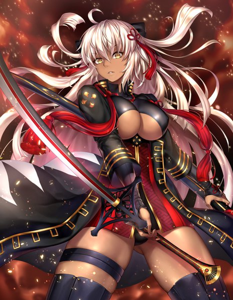 Anime picture 2000x2580 with fate (series) fate/grand order okita souji (fate) (all) okita souji alter (fate) nasaniliu single long hair tall image looking at viewer fringe highres breasts light erotic hair between eyes large breasts standing holding yellow eyes silver hair ahoge
