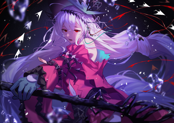 Anime-Bild 3360x2380 mit arknights skadi (arknights) skadi the corrupting heart (arknights) kawausoman single fringe highres hair between eyes red eyes looking away absurdres white hair very long hair outstretched arm official alternate costume shaded face girl gloves hat bubble (bubbles)