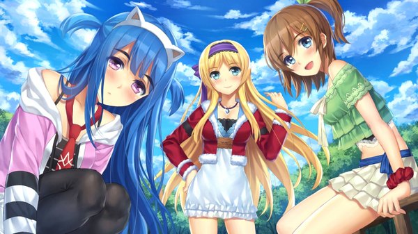Anime picture 1511x850 with original tonee long hair looking at viewer blush short hair open mouth blue eyes blonde hair smile brown hair wide image sitting purple eyes multiple girls blue hair sky cloud (clouds) girl dress