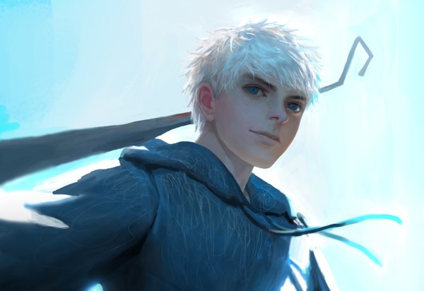 Anime picture 2776x1907 with rise of the guardians dreamworks jack frost (rise of the guardians) diaodiao single looking at viewer highres short hair blue eyes sky white hair light smile sunlight close-up boy staff