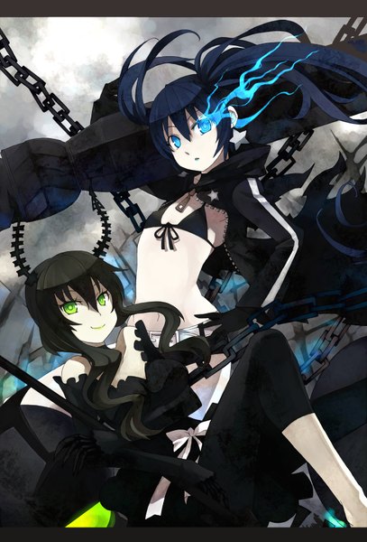 Anime picture 2456x3622 with black rock shooter black rock shooter (character) dead master penguin caee long hair tall image highres blue eyes black hair twintails multiple girls green eyes horn (horns) hand on hip glowing glowing eye (eyes) girl weapon 2 girls jacket