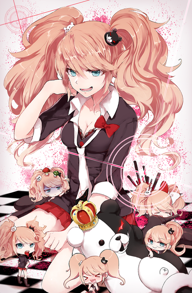 Anime picture 787x1200 with dangan ronpa enoshima junko monokuma maneki-neko (fujifuji) long hair tall image open mouth blue eyes blonde hair smile sitting twintails checkered floor multiple persona > < girl necktie crown mini crown