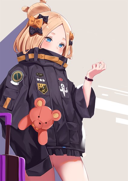 Anime picture 800x1132 with fate (series) fate/grand order abigail williams (fate) yukiyama momo single long hair tall image blush fringe blue eyes simple background blonde hair standing holding looking away hair bun (hair buns) thighs covered mouth hands in sleeves heroic spirit traveling outfit