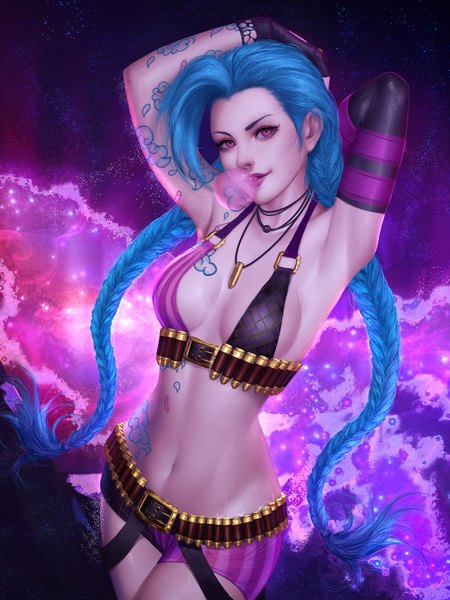 Anime picture 1500x2000 with league of legends jinx (league of legends) shurakrgt single long hair tall image looking at viewer fringe breasts light erotic standing blue hair braid (braids) head tilt pink eyes realistic arms up armpit (armpits) tattoo lipstick