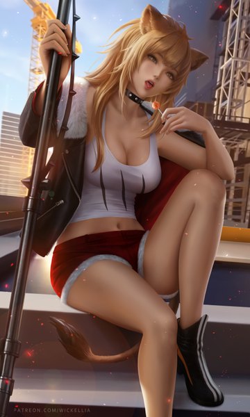 Anime picture 3900x6500 with arknights siege (arknights) wickellia single long hair tall image looking at viewer fringe highres open mouth light erotic blonde hair sitting holding brown eyes signed animal ears payot absurdres sky
